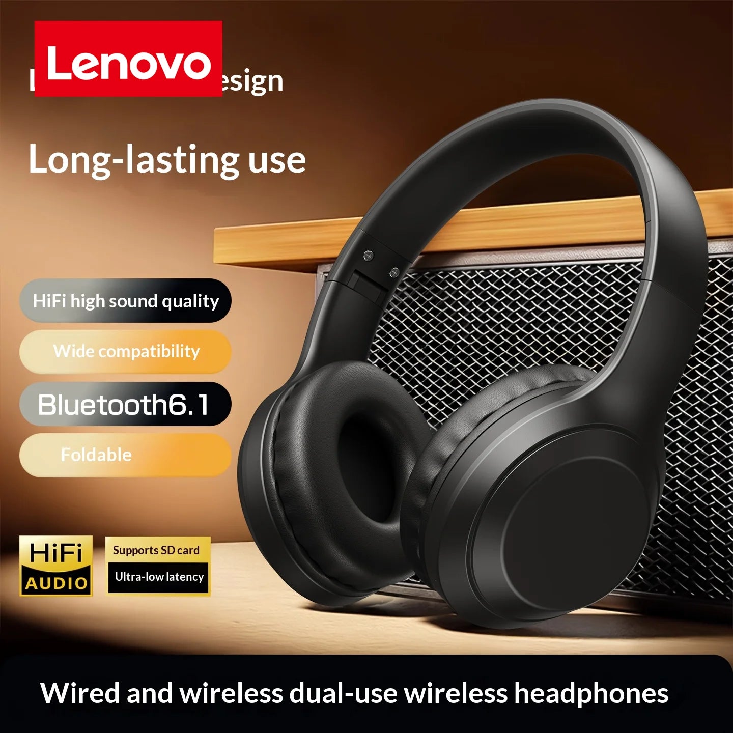 Lenovo HiFi Audio Quality Over-Ear Headphones with Wired/Wireless Dual-Use Folding Design for High-Definition Calling and Gaming