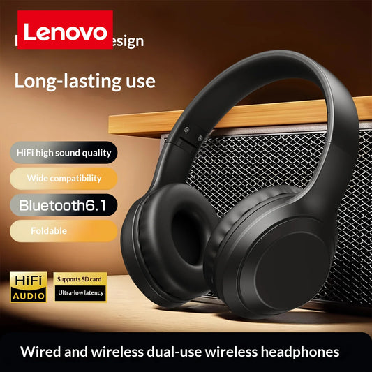 Lenovo HiFi Audio Quality Over-Ear Headphones with Wired/Wireless Dual-Use Folding Design for High-Definition Calling and Gaming