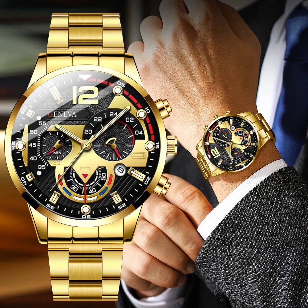 Fashion Business Geneva Calendar Watch Personalized Men's Steel Belt Watch Business Set