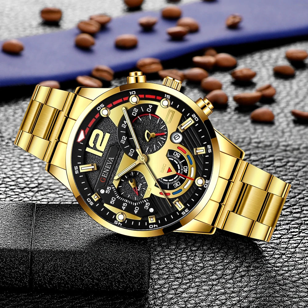 Fashion Business Geneva Calendar Watch Personalized Men's Steel Belt Watch Business Set