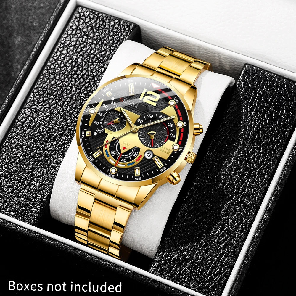 Fashion Business Geneva Calendar Watch Personalized Men's Steel Belt Watch Business Set